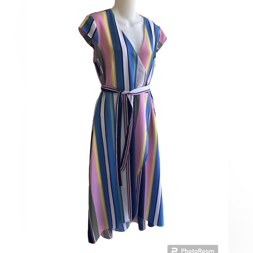 Madison Ladies Stripped Dress Mock Wrap Cap Sleeve High Low Hem Surplice L NWT